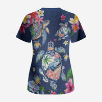 Hawaiian Turtles and Tropical Plants Scrub Top Blue Watercolor LT03 - Polynesian Pride