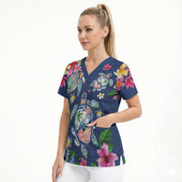 Hawaiian Turtles and Tropical Plants Scrub Top Blue Watercolor LT03 - Polynesian Pride