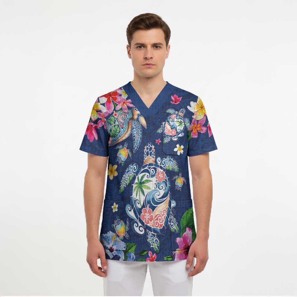 Hawaiian Turtles and Tropical Plants Scrub Top Blue Watercolor LT03 - Polynesian Pride