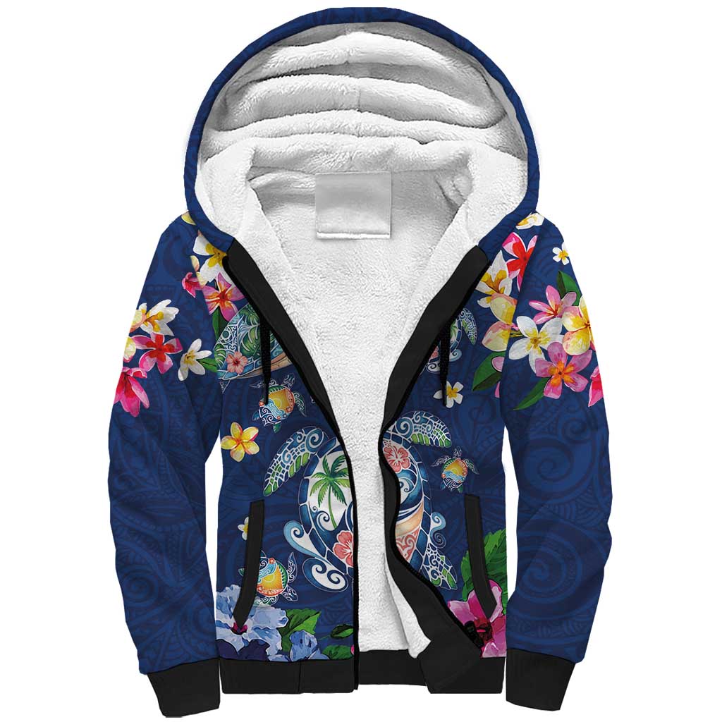 Hawaiian Turtles and Tropical Plants Sherpa Hoodie Blue Watercolor LT03 Unisex Blue - Polynesian Pride