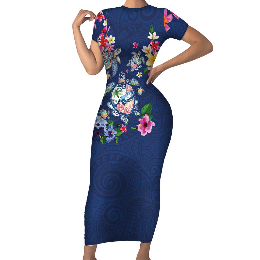 Hawaiian Turtles and Tropical Plants Short Sleeve Bodycon Dress Blue Watercolor LT03 Long Dress Blue - Polynesian Pride