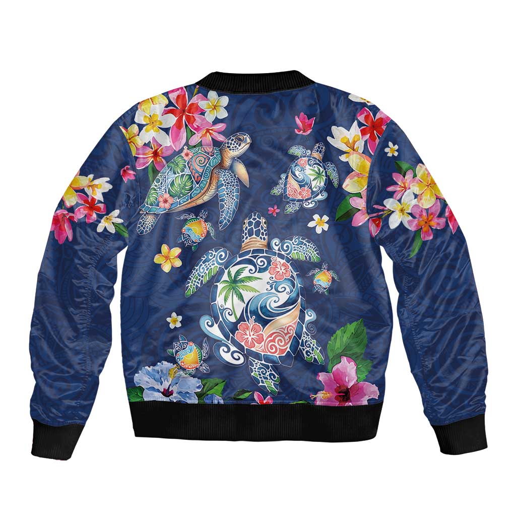 Hawaiian Turtles and Tropical Plants Sleeve Zip Bomber Jacket Blue Watercolor LT03 - Polynesian Pride