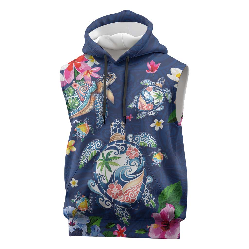 Hawaiian Turtles and Tropical Plants Sleeveless Hoodie Blue Watercolor LT03 Blue - Polynesian Pride