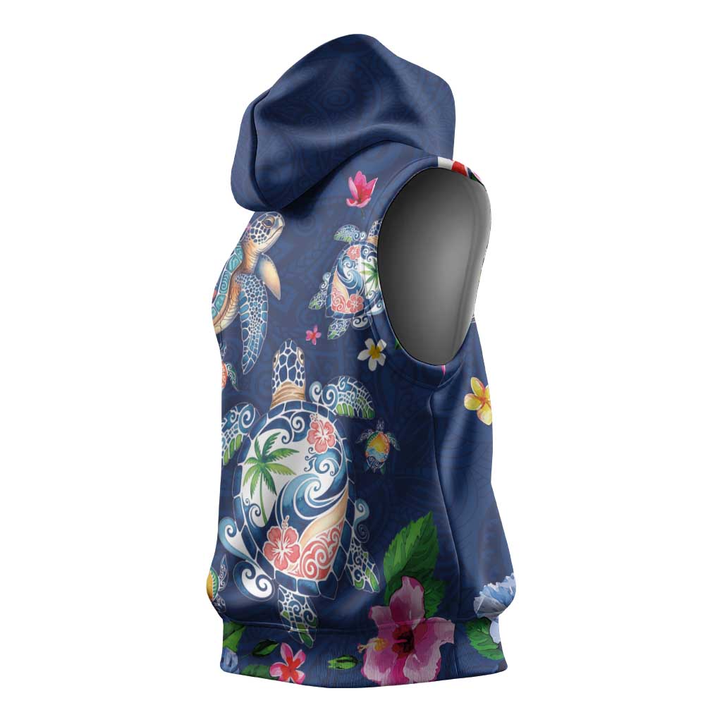 Hawaiian Turtles and Tropical Plants Sleeveless Hoodie Blue Watercolor LT03 - Polynesian Pride