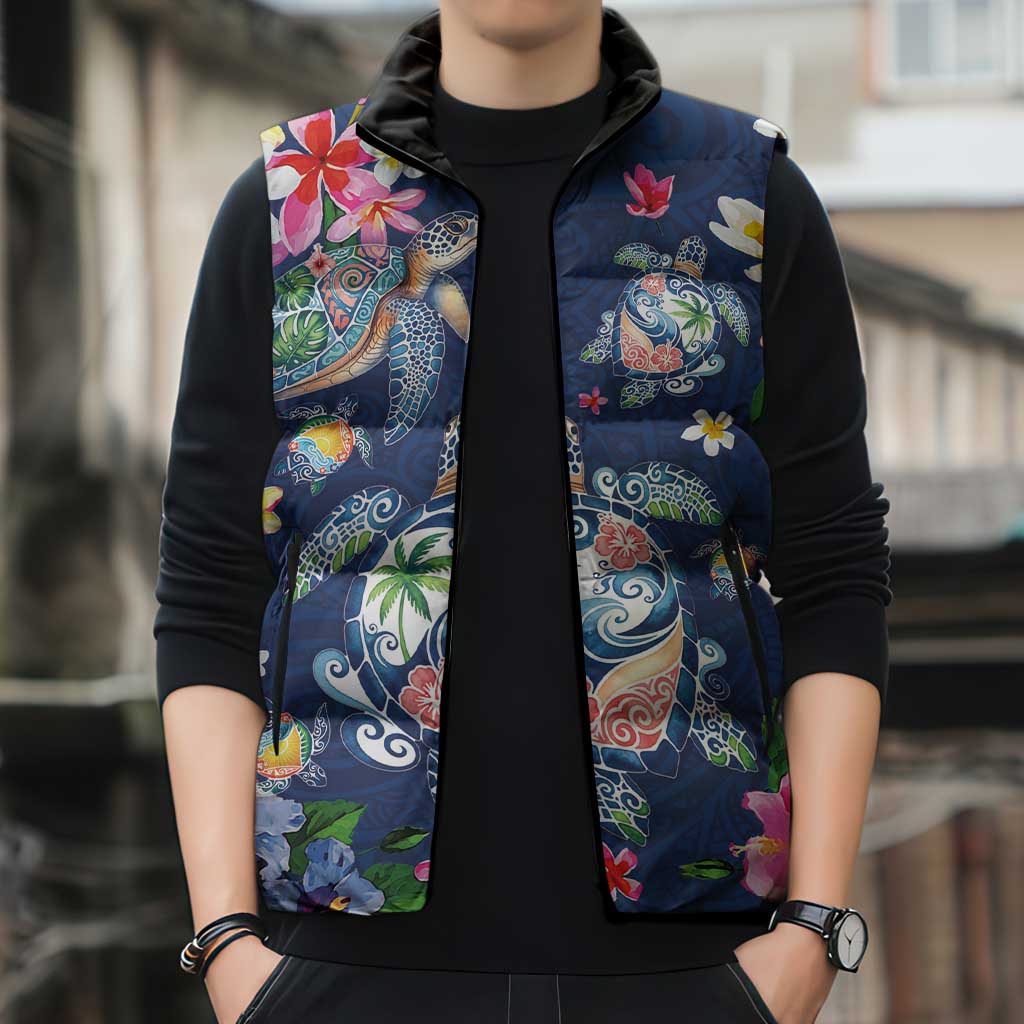 Hawaiian Turtles and Tropical Plants Sleeveless Puffer Jacket Blue Watercolor LT03 - Polynesian Pride