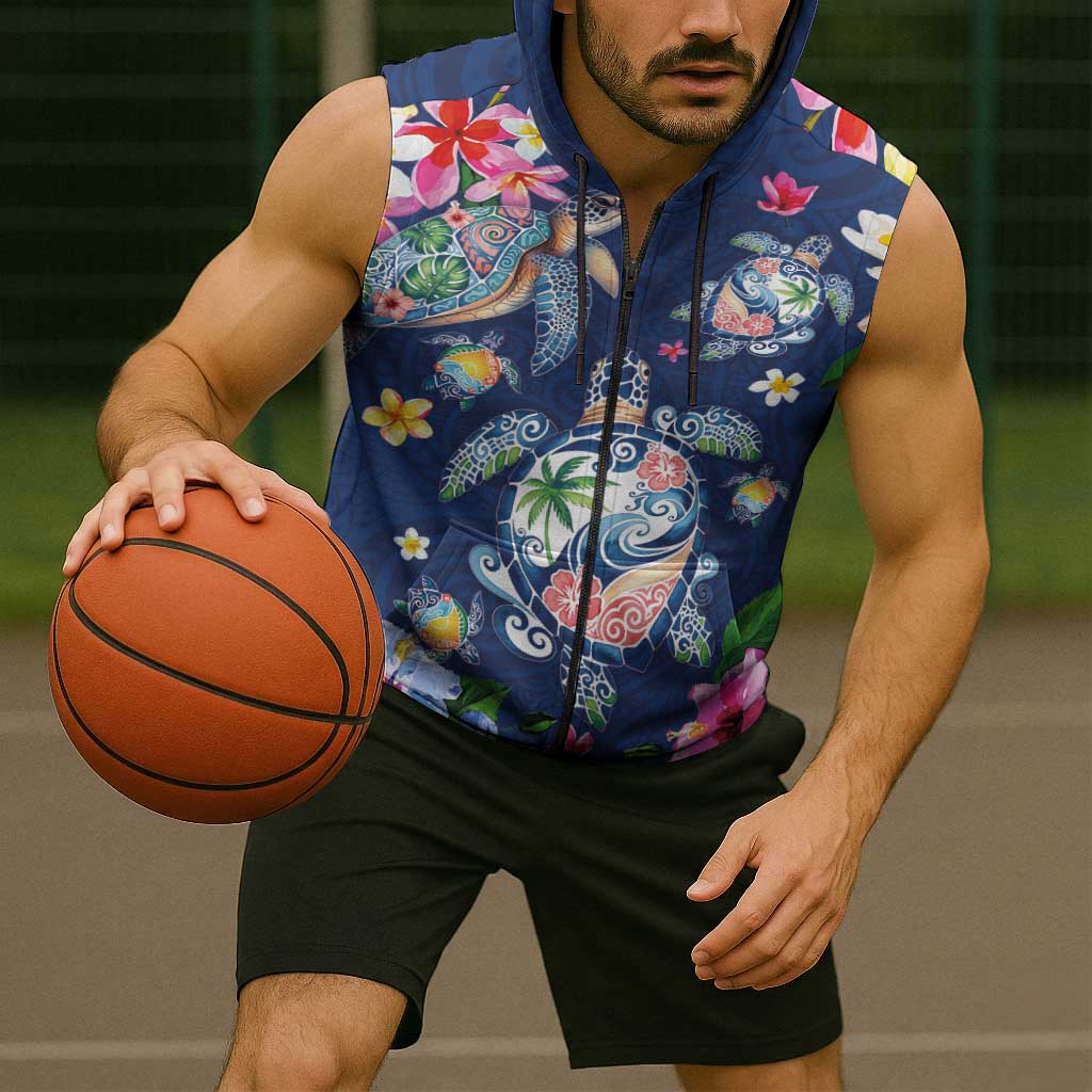 Hawaiian Turtles and Tropical Plants Sleeveless Zip Hoodie Blue Watercolor LT03 - Polynesian Pride