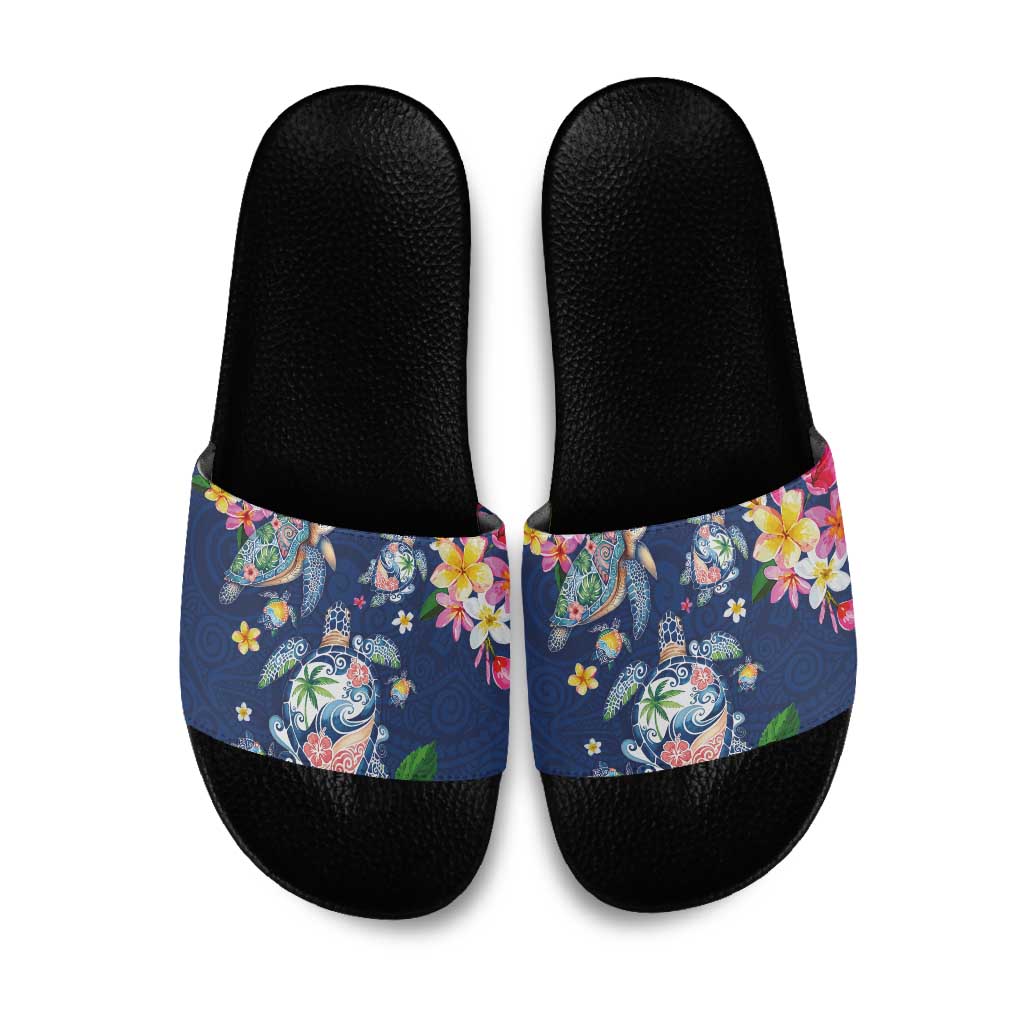 Hawaiian Turtles and Tropical Plants Slide Sandals Blue Watercolor LT03 Blue - Polynesian Pride