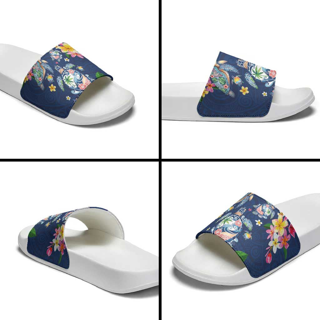 Hawaiian Turtles and Tropical Plants Slide Sandals Blue Watercolor LT03 - Polynesian Pride