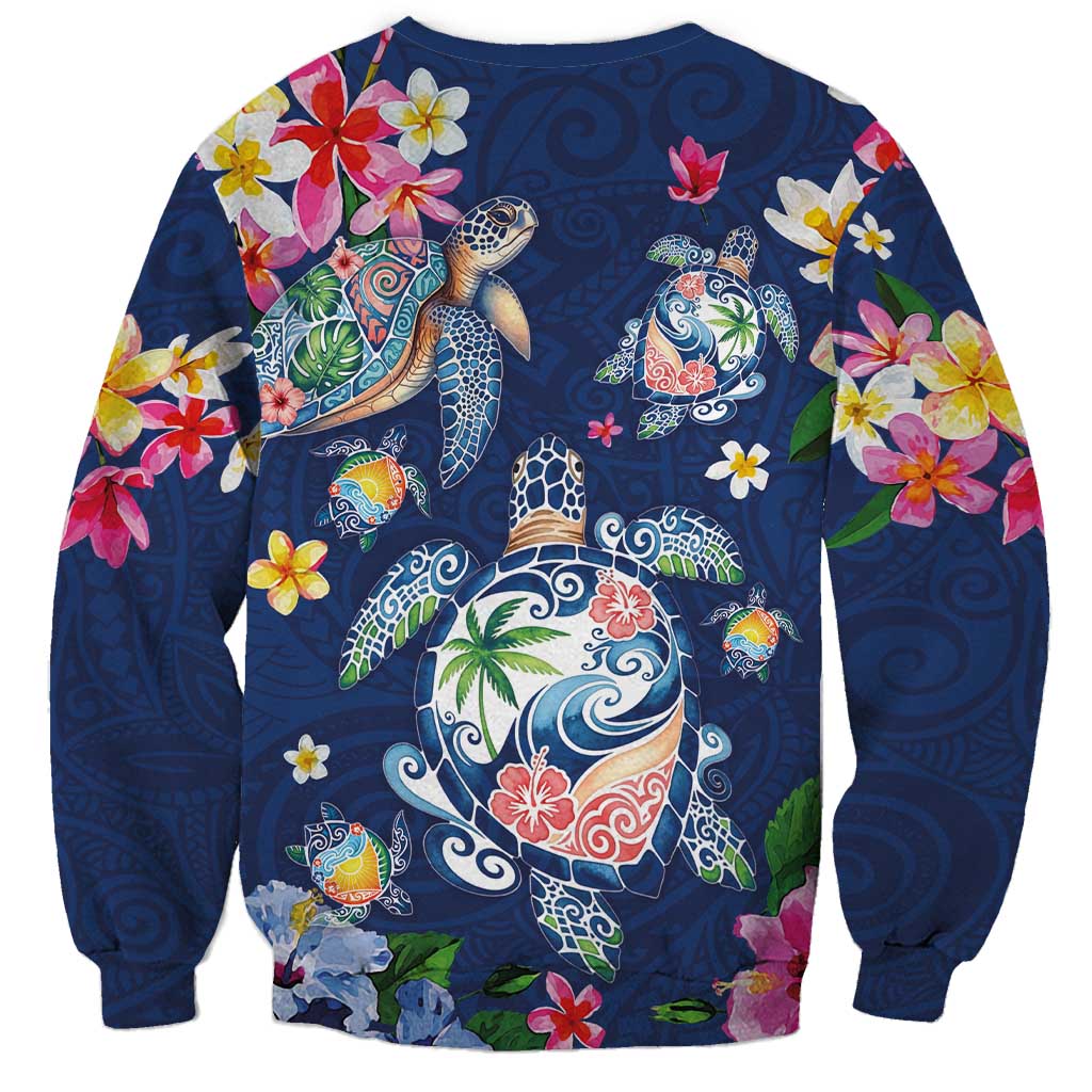 Hawaiian Turtles and Tropical Plants Sweatshirt Blue Watercolor LT03 - Polynesian Pride