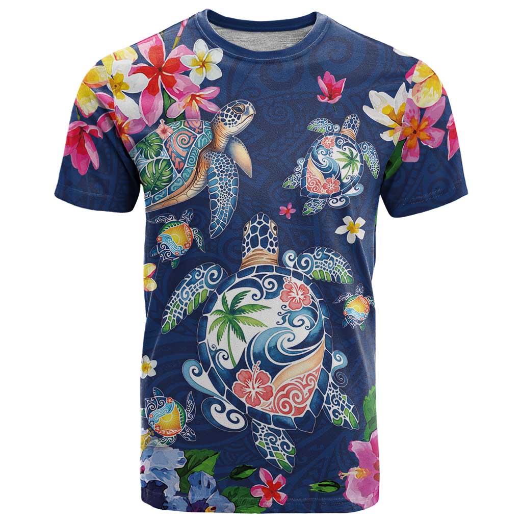 Hawaiian Turtles and Tropical Plants T Shirt Blue Watercolor LT03 Blue - Polynesian Pride