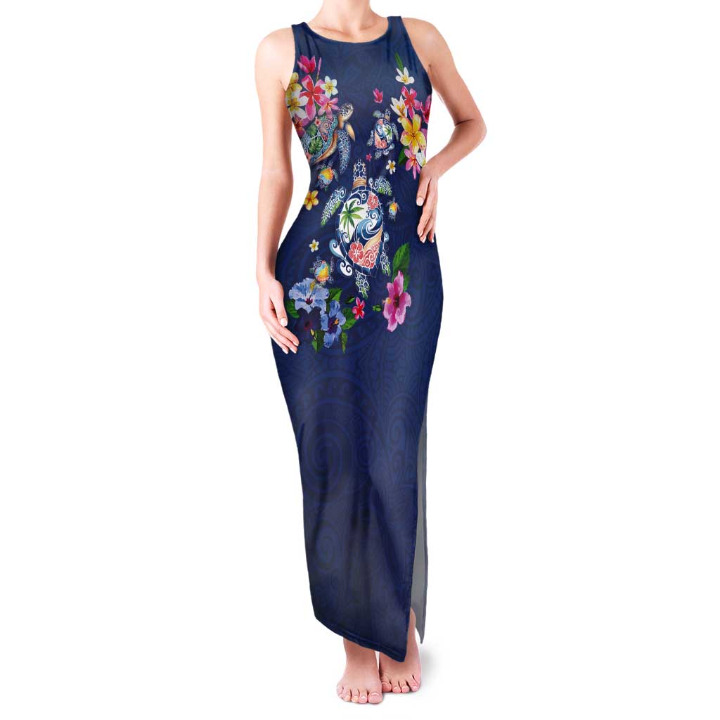 Hawaiian Turtles and Tropical Plants Tank Maxi Dress Blue Watercolor LT03 Women Blue - Polynesian Pride
