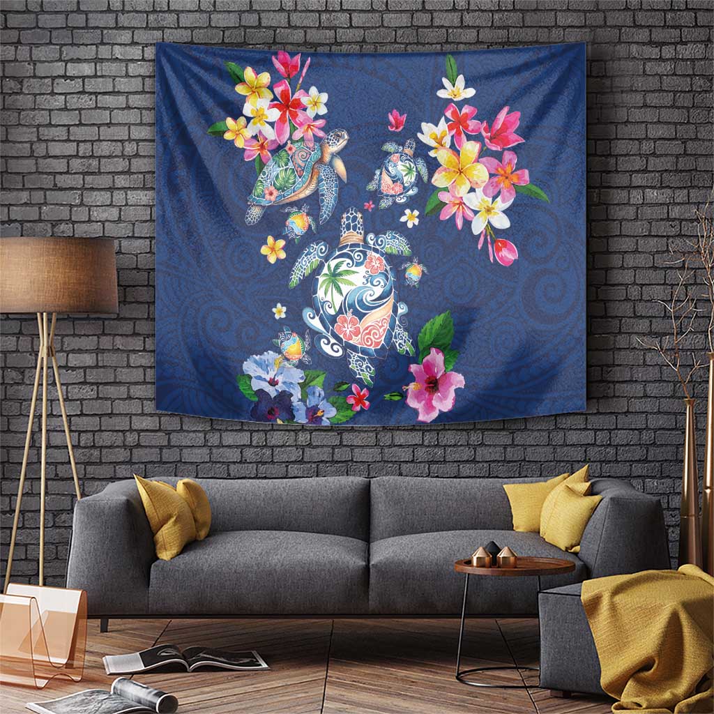 Hawaiian Turtles and Tropical Plants Tapestry Blue Watercolor LT03 Blue - Polynesian Pride