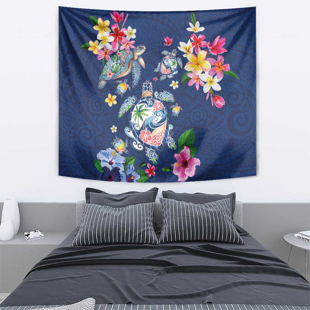 Hawaiian Turtles and Tropical Plants Tapestry Blue Watercolor LT03 - Polynesian Pride