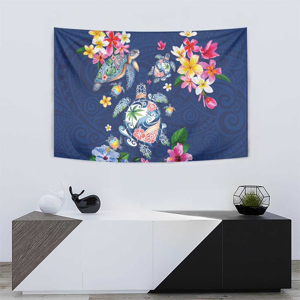 Hawaiian Turtles and Tropical Plants Tapestry Blue Watercolor LT03 - Polynesian Pride