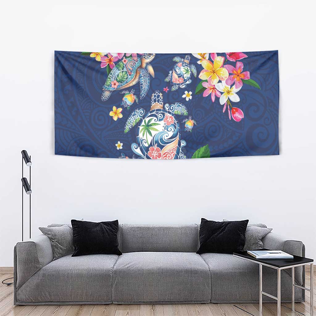 Hawaiian Turtles and Tropical Plants Tapestry Blue Watercolor LT03 - Polynesian Pride