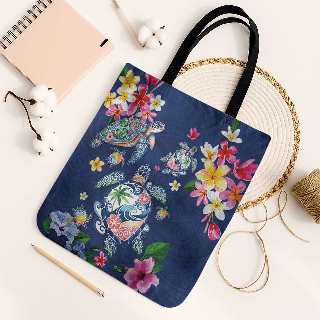 Hawaiian Turtles and Tropical Plants Tote Bag Blue Watercolor LT03 Black Strap One Size Blue - Polynesian Pride