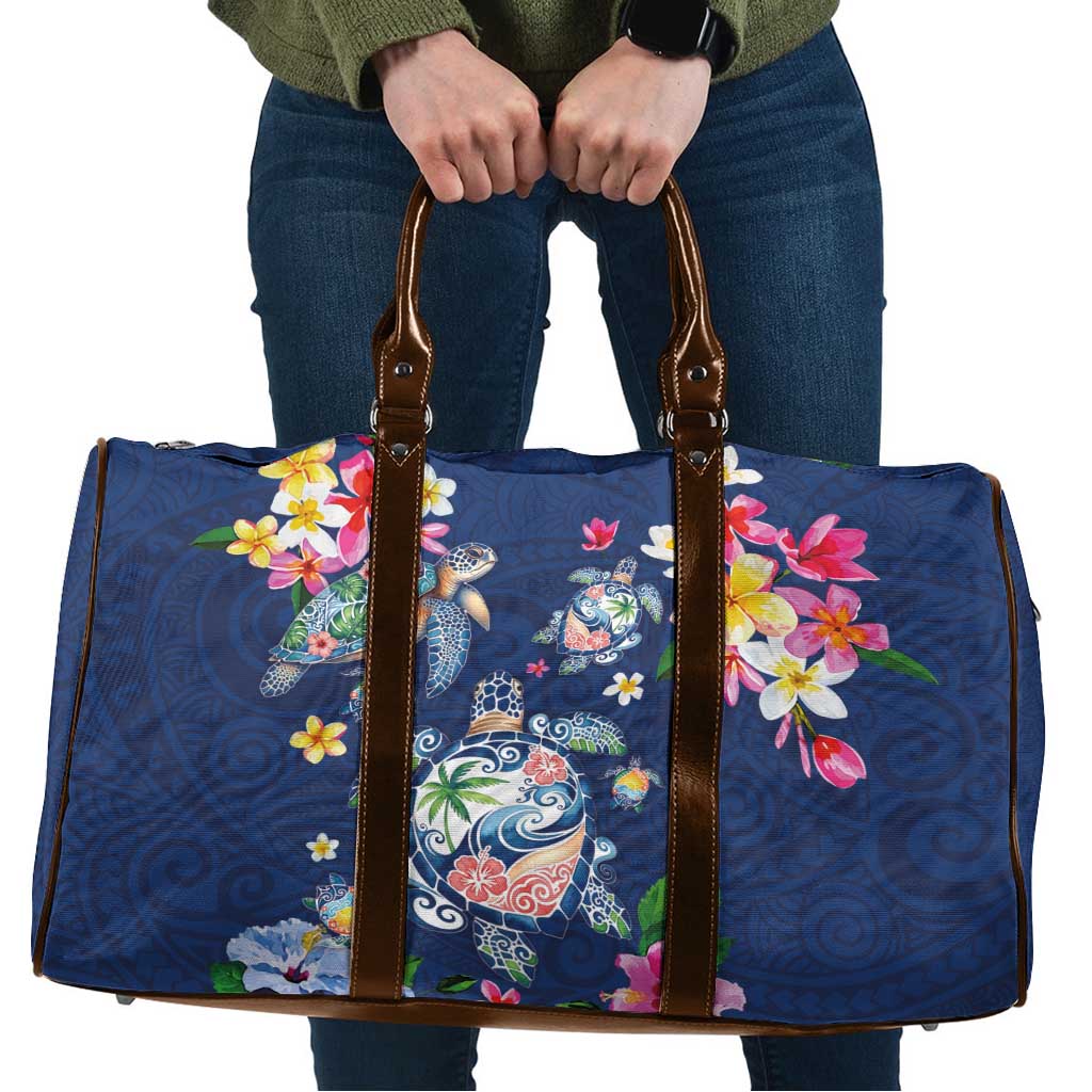 Hawaiian Turtles and Tropical Plants Travel Bag Blue Watercolor