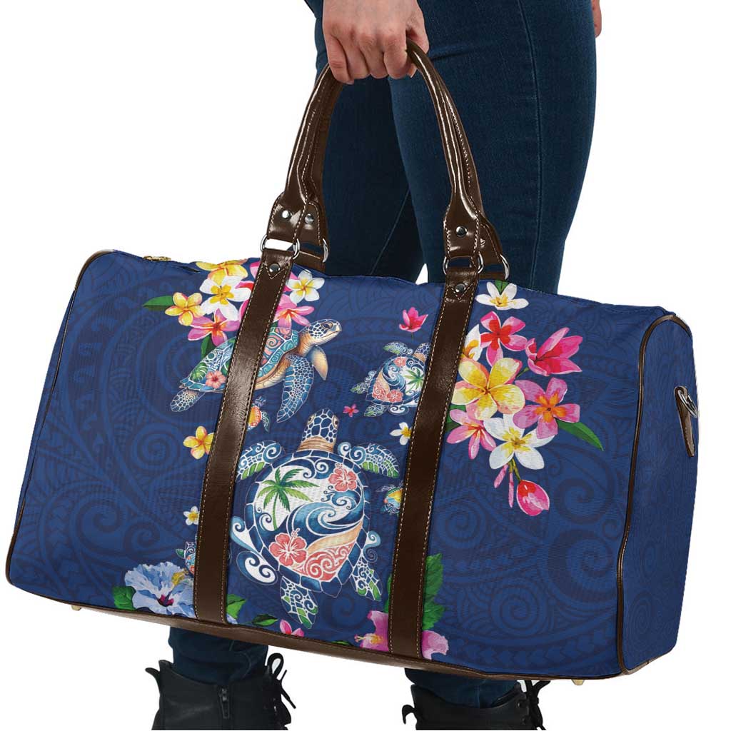 Hawaiian Turtles and Tropical Plants Travel Bag Blue Watercolor