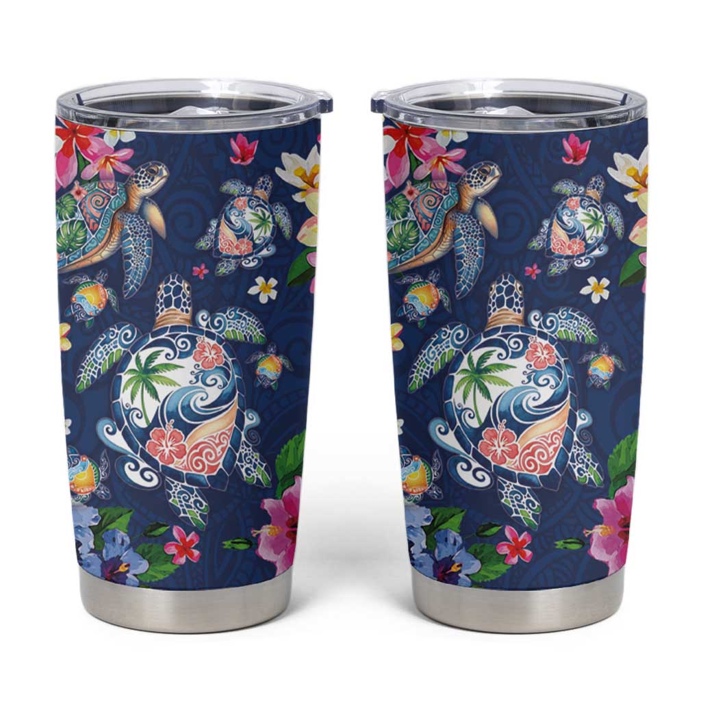 Hawaiian Turtles and Tropical Plants Tumbler Cup Blue Watercolor LT03 Blue - Polynesian Pride