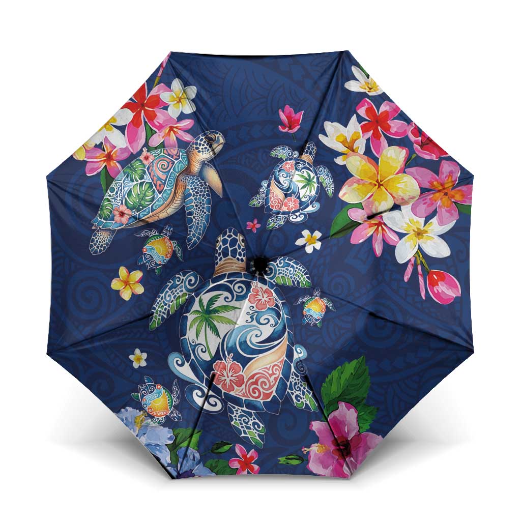 Hawaiian Turtles and Tropical Plants Umbrella Blue Watercolor LT03 One Size Folded 11.42 inch Opened Diameter 37.4 inch Blue - Polynesian Pride