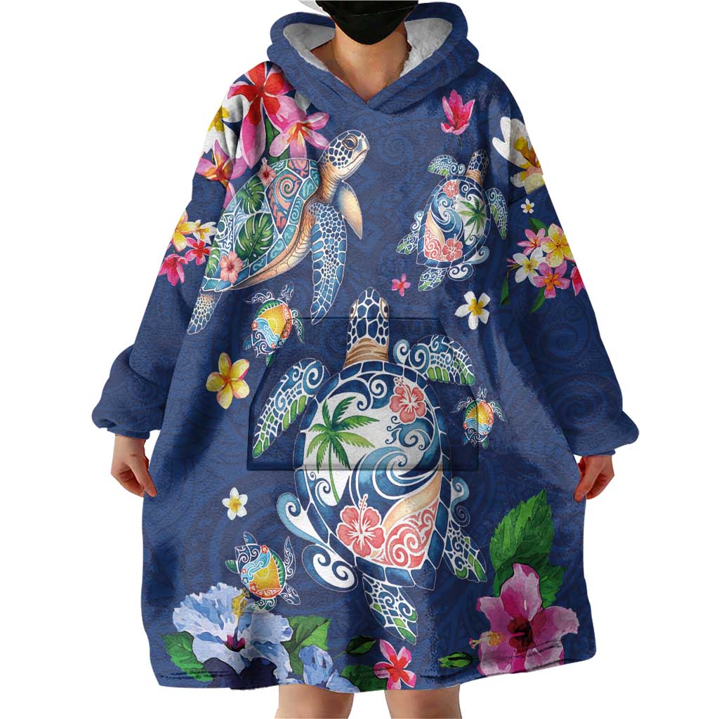 Hawaiian Turtles and Tropical Plants Wearable Blanket Hoodie Blue Watercolor LT03 - Polynesian Pride