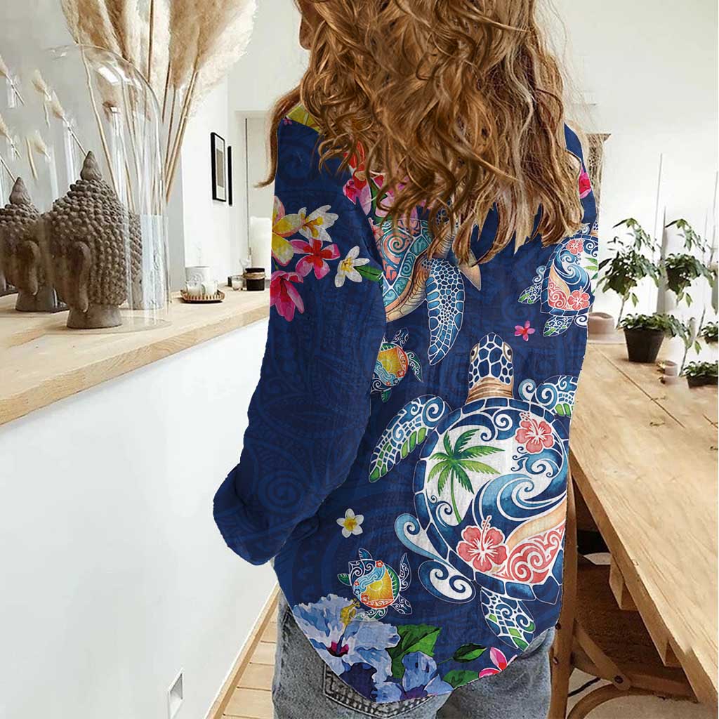 Hawaiian Turtles and Tropical Plants Women Casual Shirt Blue Watercolor LT03 - Polynesian Pride