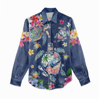Hawaiian Turtles and Tropical Plants Women Casual Shirt Blue Watercolor LT03 - Polynesian Pride