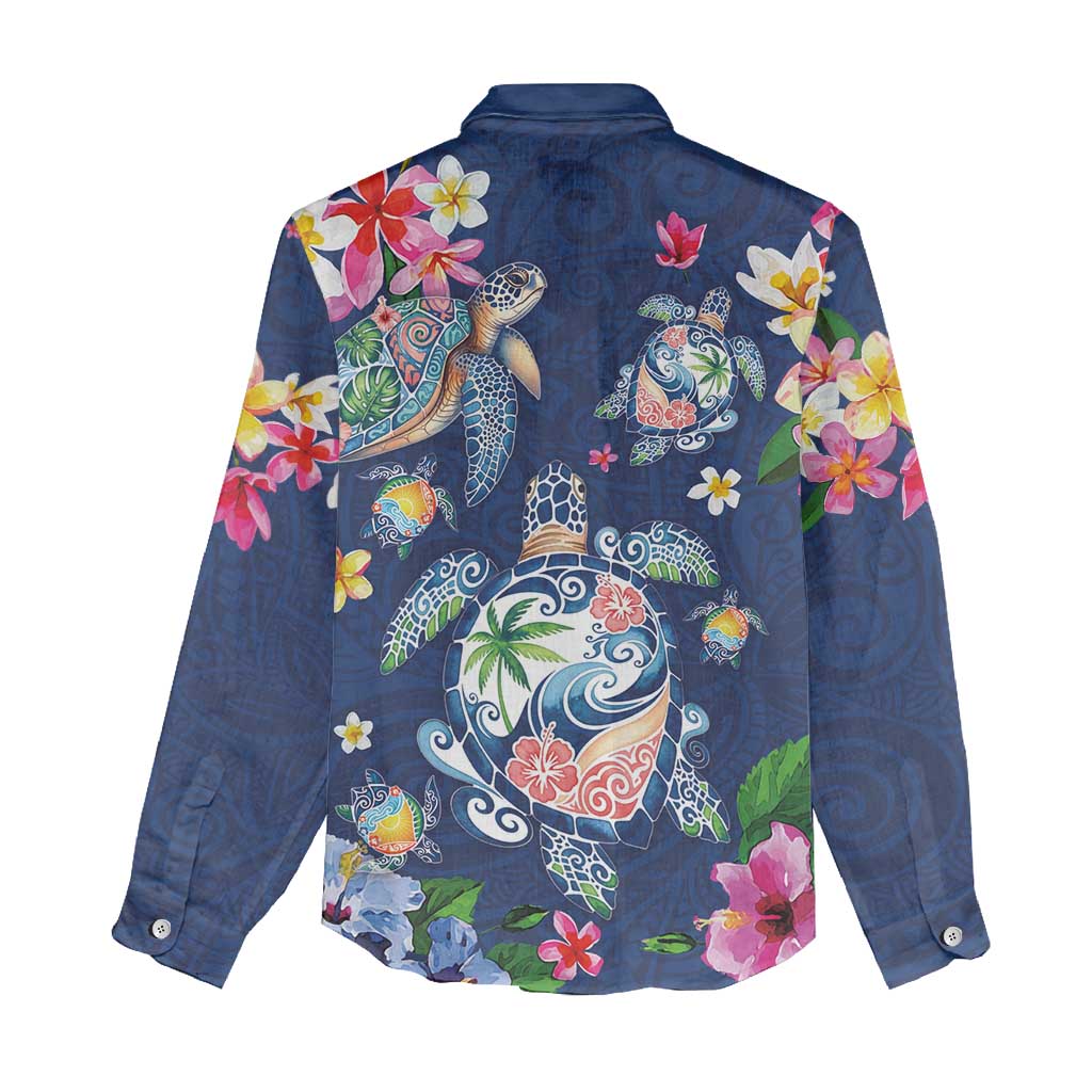 Hawaiian Turtles and Tropical Plants Women Casual Shirt Blue Watercolor LT03 - Polynesian Pride