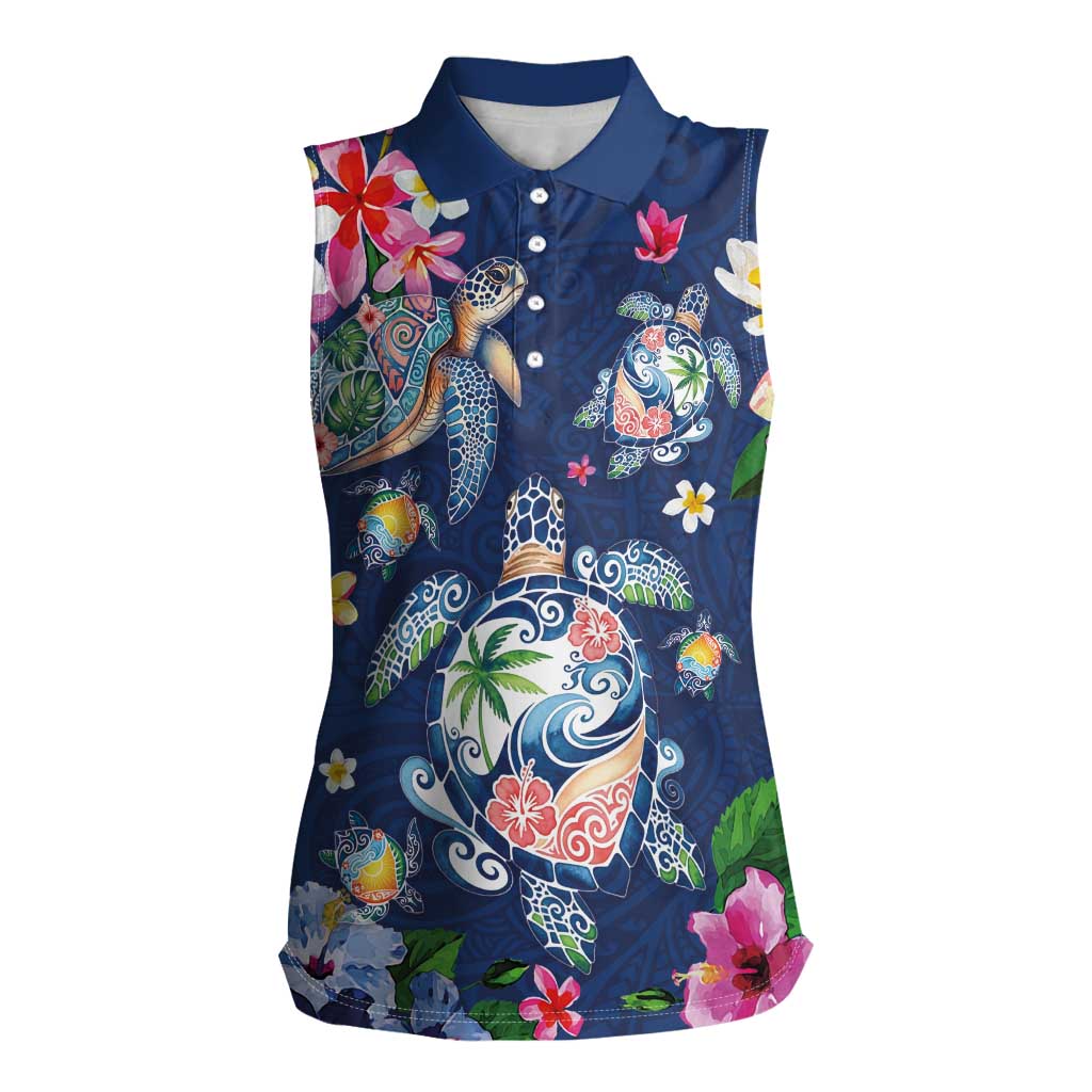 Hawaiian Turtles and Tropical Plants Women Sleeveless Polo Shirt Blue Watercolor LT03 Female Blue - Polynesian Pride