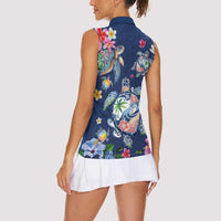 Hawaiian Turtles and Tropical Plants Women Sleeveless Polo Shirt Blue Watercolor LT03 - Polynesian Pride