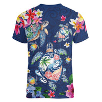 Hawaiian Turtles and Tropical Plants Women V-Neck T-Shirt Blue Watercolor LT03 - Polynesian Pride