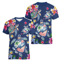 Hawaiian Turtles and Tropical Plants Women V-Neck T-Shirt Blue Watercolor LT03 - Polynesian Pride
