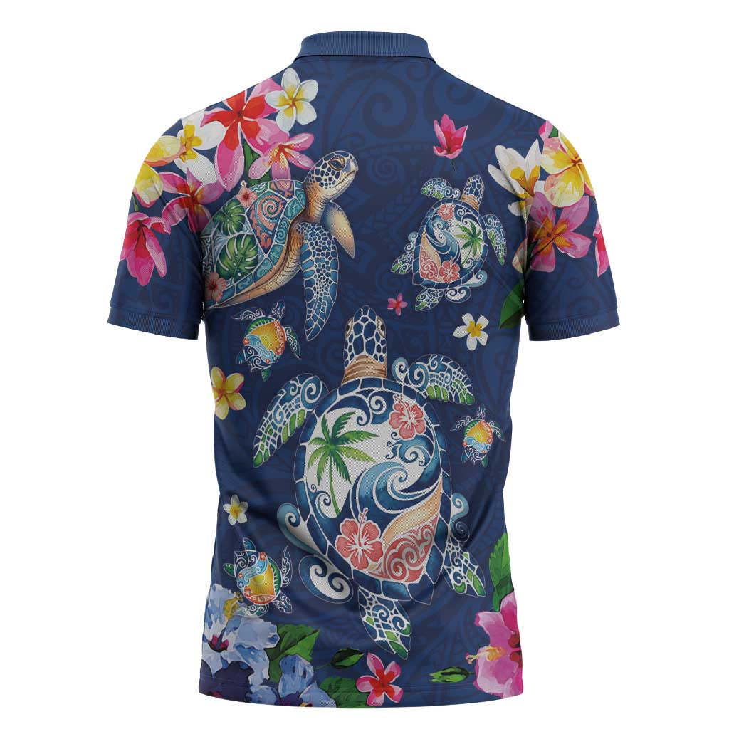 Hawaiian Turtles and Tropical Plants Zipper Polo Shirt Blue Watercolor LT03 - Polynesian Pride