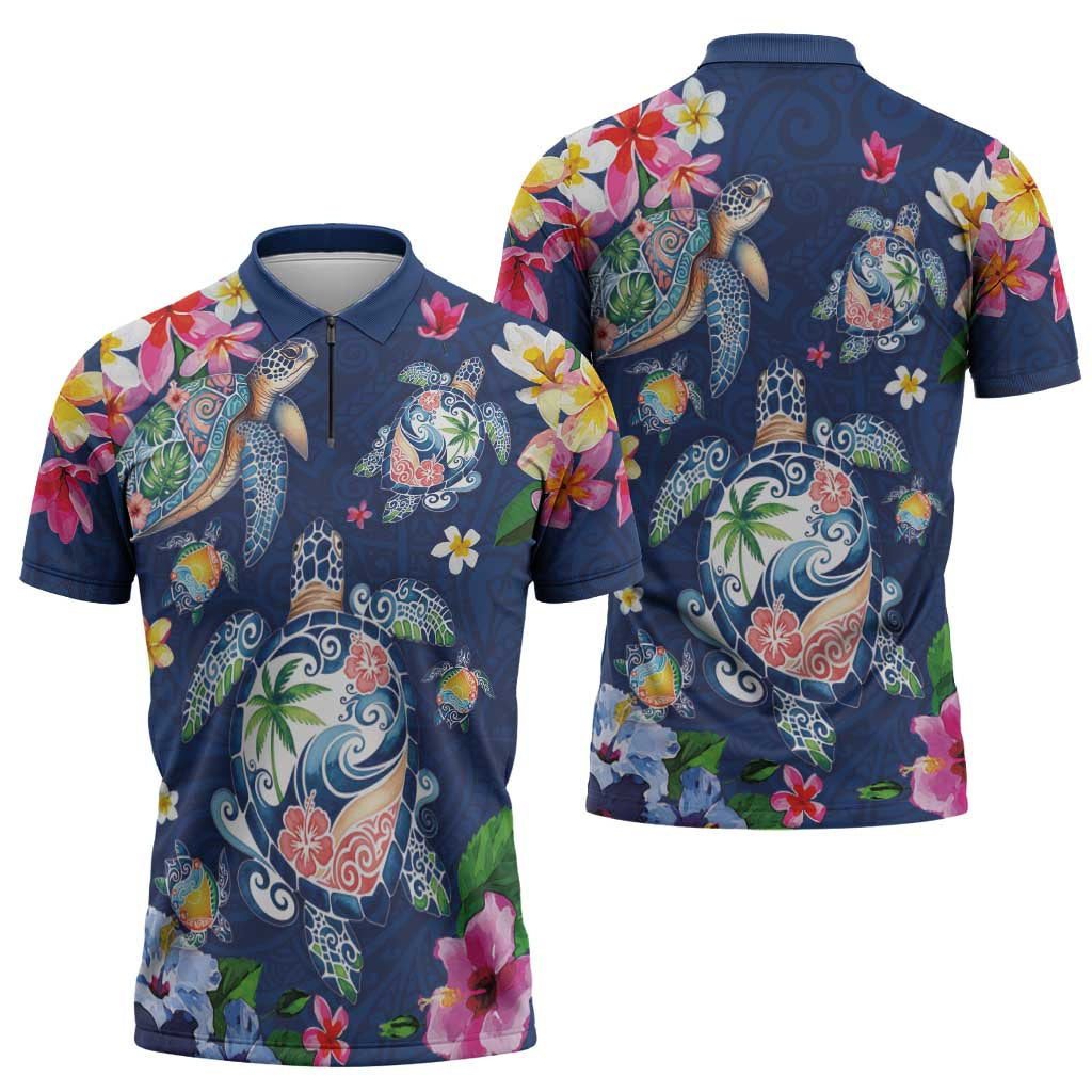 Hawaiian Turtles and Tropical Plants Zipper Polo Shirt Blue Watercolor LT03 - Polynesian Pride
