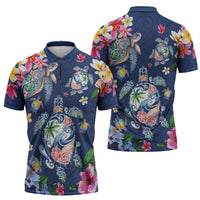 Hawaiian Turtles and Tropical Plants Zipper Polo Shirt Blue Watercolor LT03 - Polynesian Pride