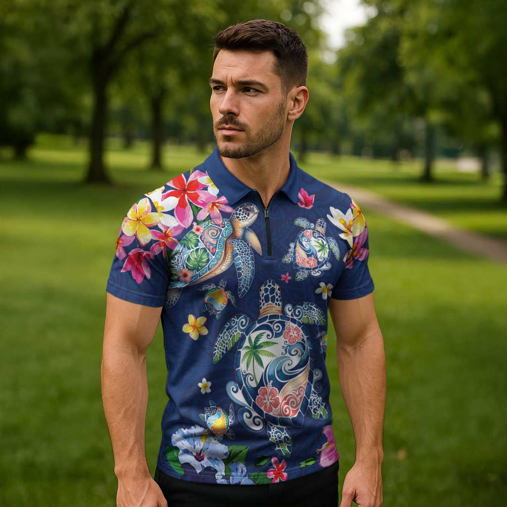 Hawaiian Turtles and Tropical Plants Zipper Polo Shirt Blue Watercolor LT03 - Polynesian Pride