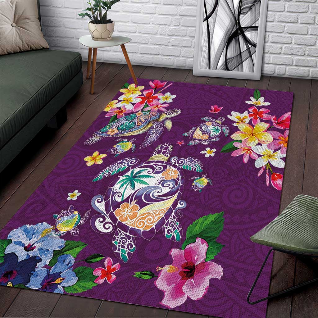 Hawaiian Turtles and Tropical Plants Area Rug Purple Watercolor
