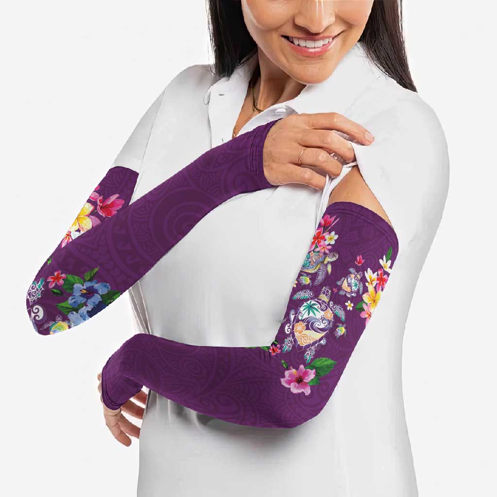 Hawaiian Turtles and Tropical Plants Arm Sleeves Purple Watercolor