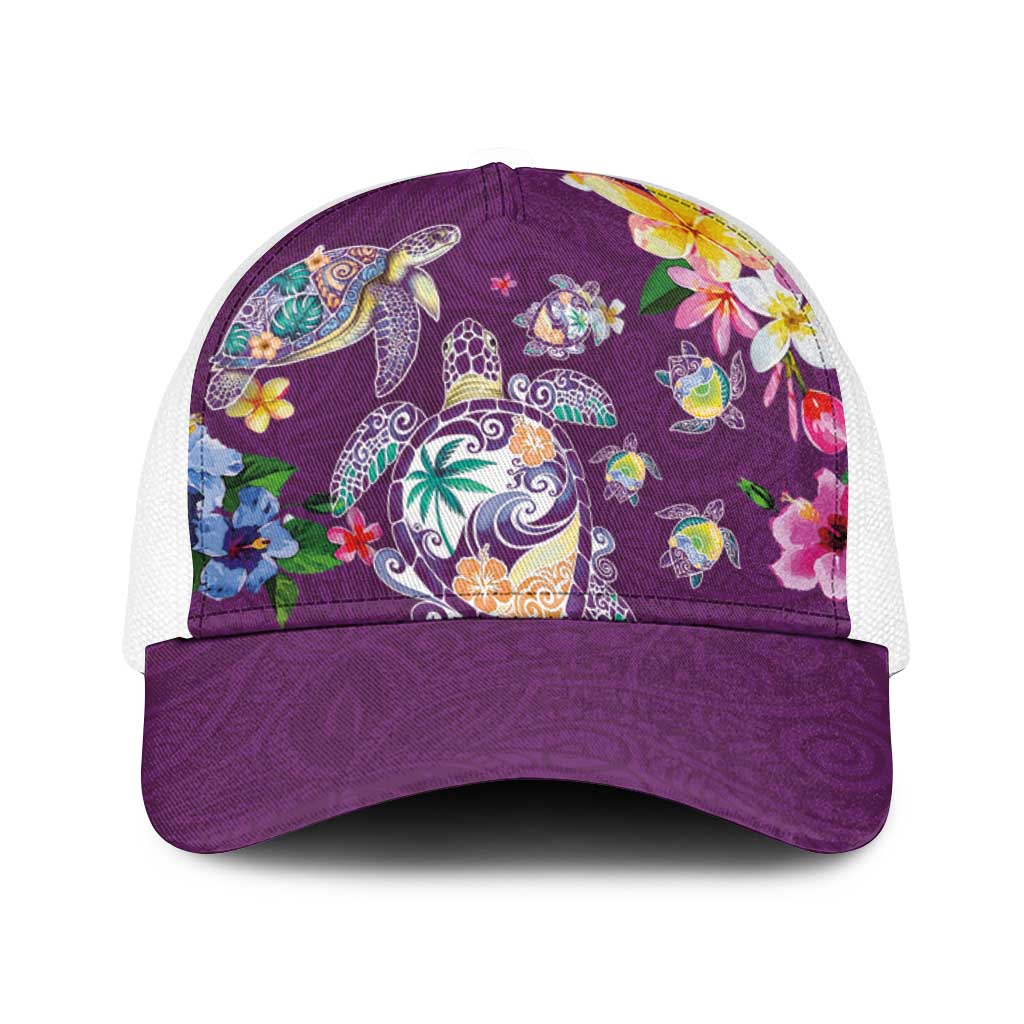 Hawaiian Turtles and Tropical Plants Baseball Net Cap Purple Watercolor LT03 One Size White Purple - Polynesian Pride