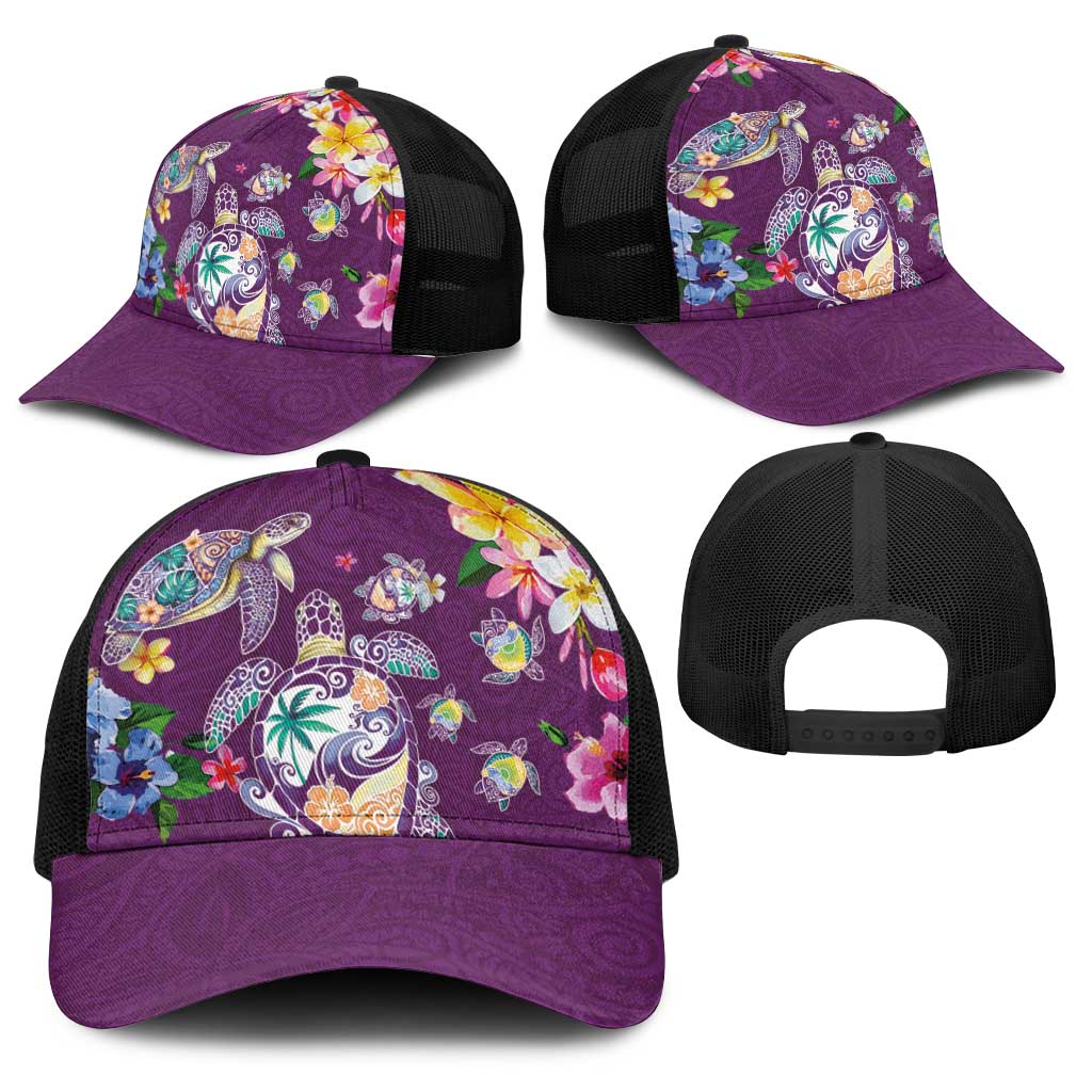 Hawaiian Turtles and Tropical Plants Baseball Net Cap Purple Watercolor LT03 - Polynesian Pride