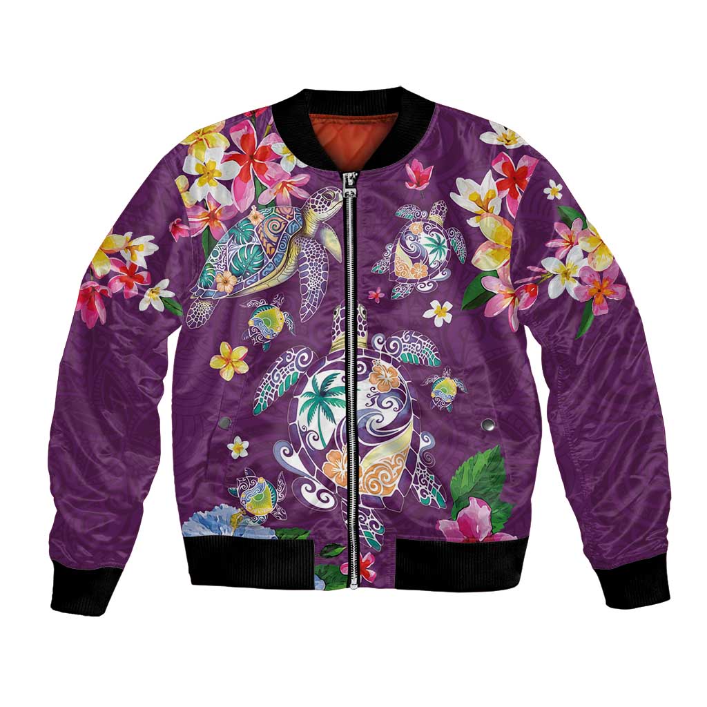 Hawaiian Turtles and Tropical Plants Bomber Jacket Purple Watercolor LT03 Unisex Purple - Polynesian Pride