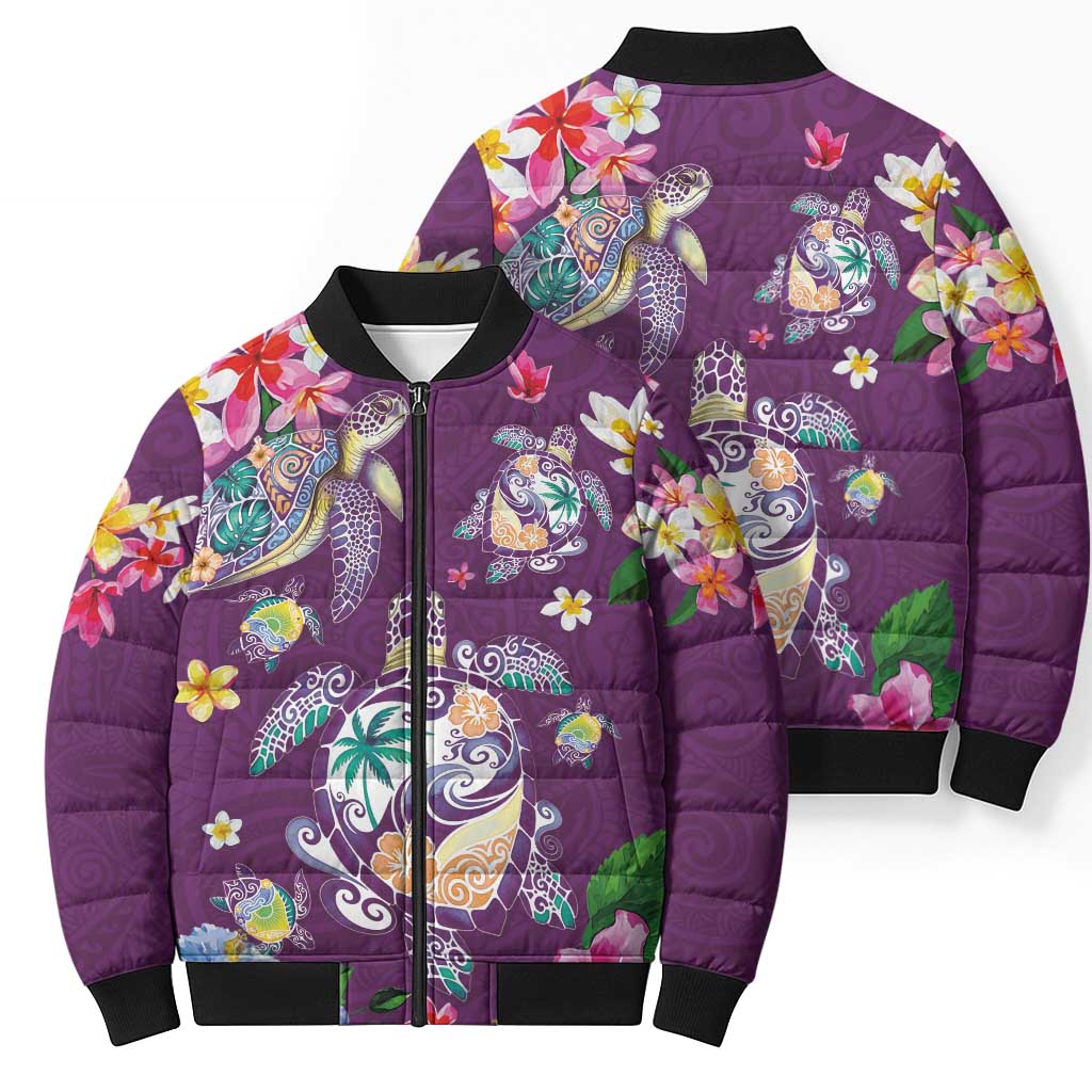 Hawaiian Turtles and Tropical Plants Bomber Puffer Jacket Purple Watercolor LT03 - Polynesian Pride