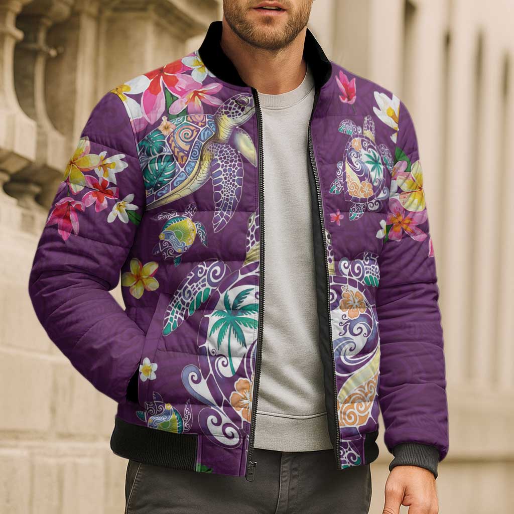 Hawaiian Turtles and Tropical Plants Bomber Puffer Jacket Purple Watercolor LT03 - Polynesian Pride