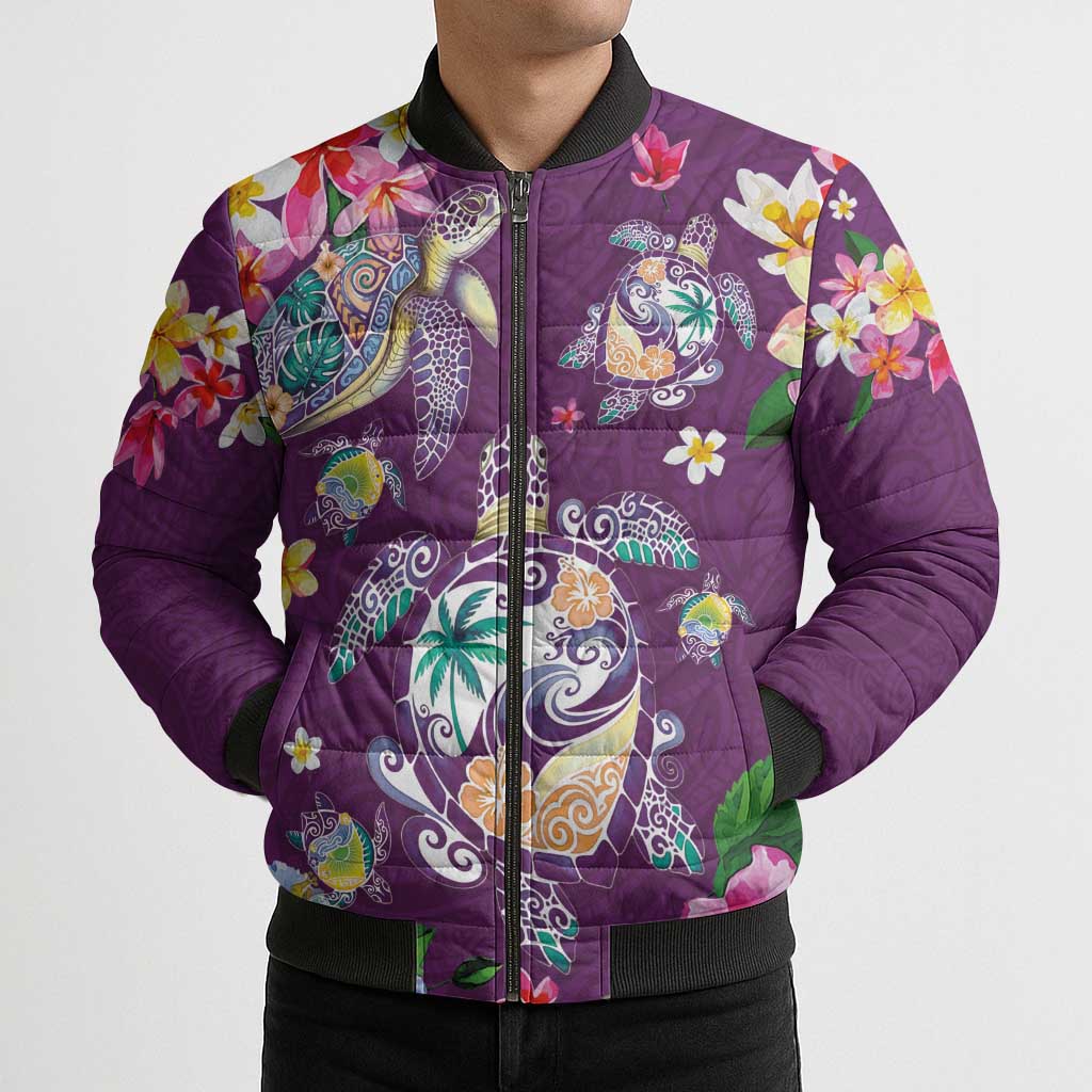 Hawaiian Turtles and Tropical Plants Bomber Puffer Jacket Purple Watercolor LT03 - Polynesian Pride