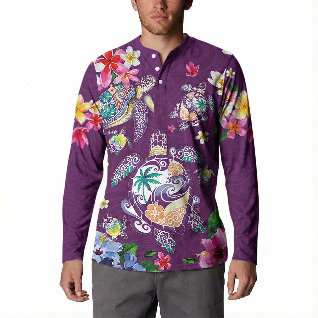 Hawaiian Turtles and Tropical Plants Button Sweatshirt Purple Watercolor LT03 - Polynesian Pride