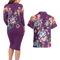 Hawaiian Turtles and Tropical Plants Couples Matching Long Sleeve Bodycon Dress and Hawaiian Shirt Purple Watercolor
