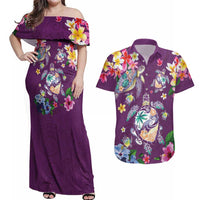 Hawaiian Turtles and Tropical Plants Couples Matching Off Shoulder Maxi Dress and Hawaiian Shirt Purple Watercolor