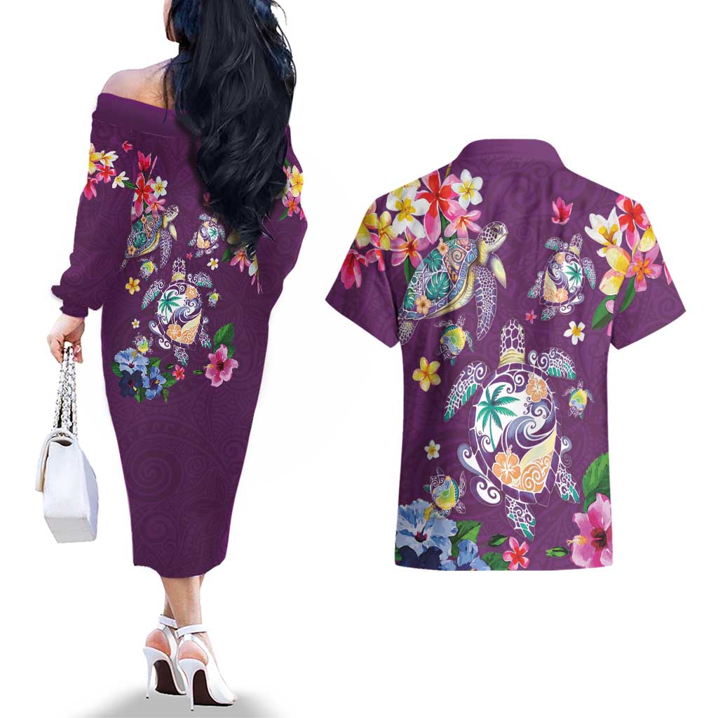 Hawaiian Turtles and Tropical Plants Couples Matching Off The Shoulder Long Sleeve Dress and Hawaiian Shirt Purple Watercolor