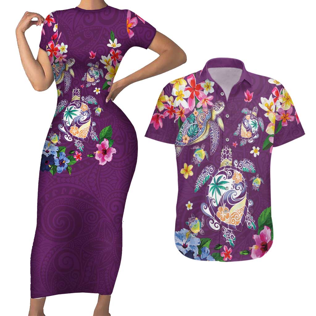 Hawaiian Turtles and Tropical Plants Couples Matching Short Sleeve Bodycon Dress and Hawaiian Shirt Purple Watercolor