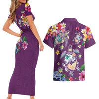 Hawaiian Turtles and Tropical Plants Couples Matching Short Sleeve Bodycon Dress and Hawaiian Shirt Purple Watercolor